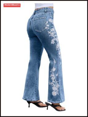Womens Bootcut Jeans Rose Embroidery Mid Rise Flare Denim Pants